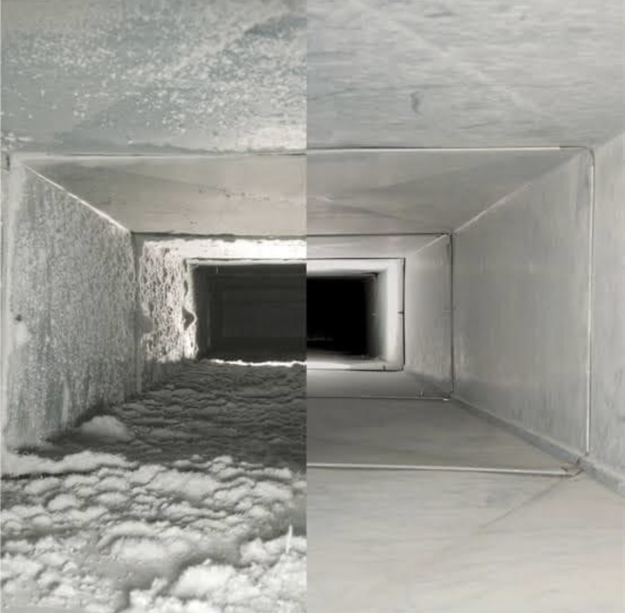 Before and after comparison of commercial duct cleaning.